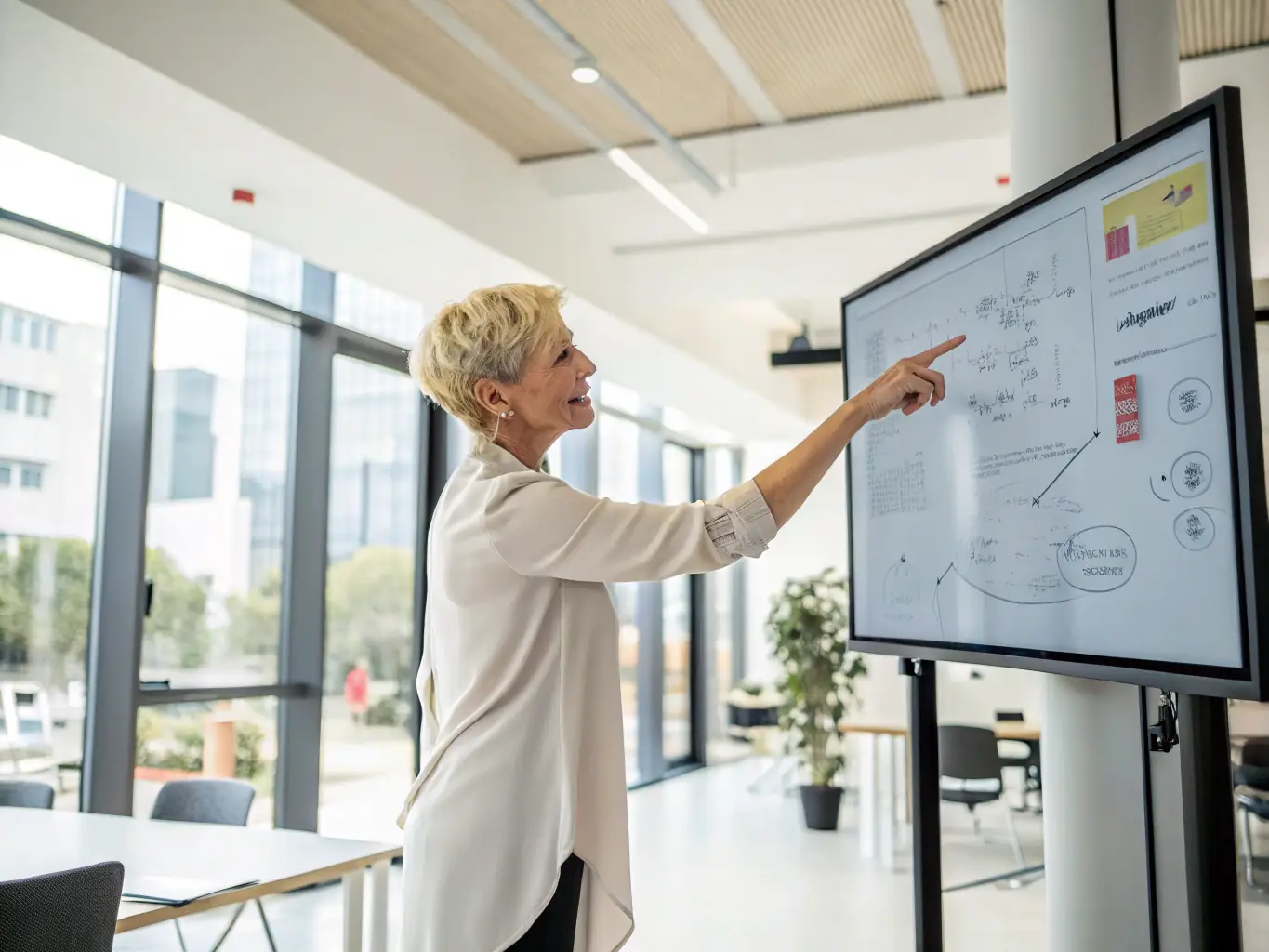 A branding consultant is presenting a brand strategy to a client, using visual aids to illustrate the brand's positioning, messaging, and overall identity, emphasizing consistency and market differentiation.