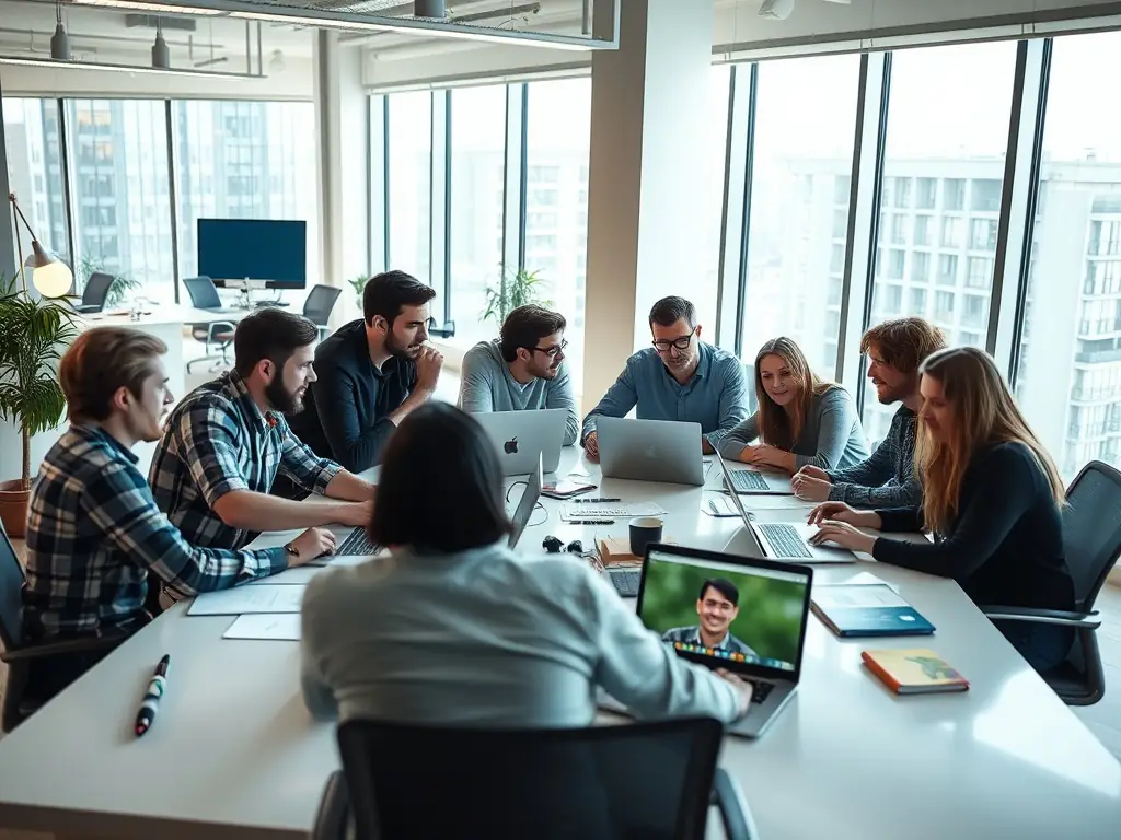 A team of software developers collaborating on a complex coding project, showcasing Skyline Bridge's expertise in creating custom software solutions.