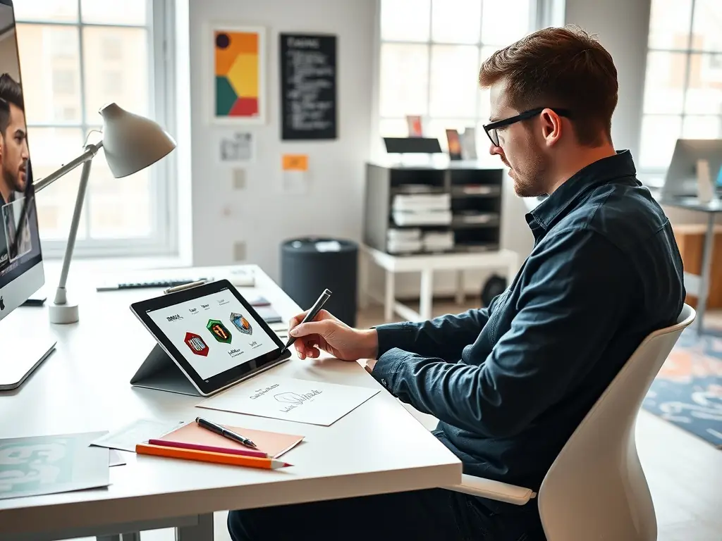 A professional graphic designer is creating a logo for a tech startup, showcasing the iterative design process with sketches and digital mockups on a computer screen, emphasizing creativity and brand identity.